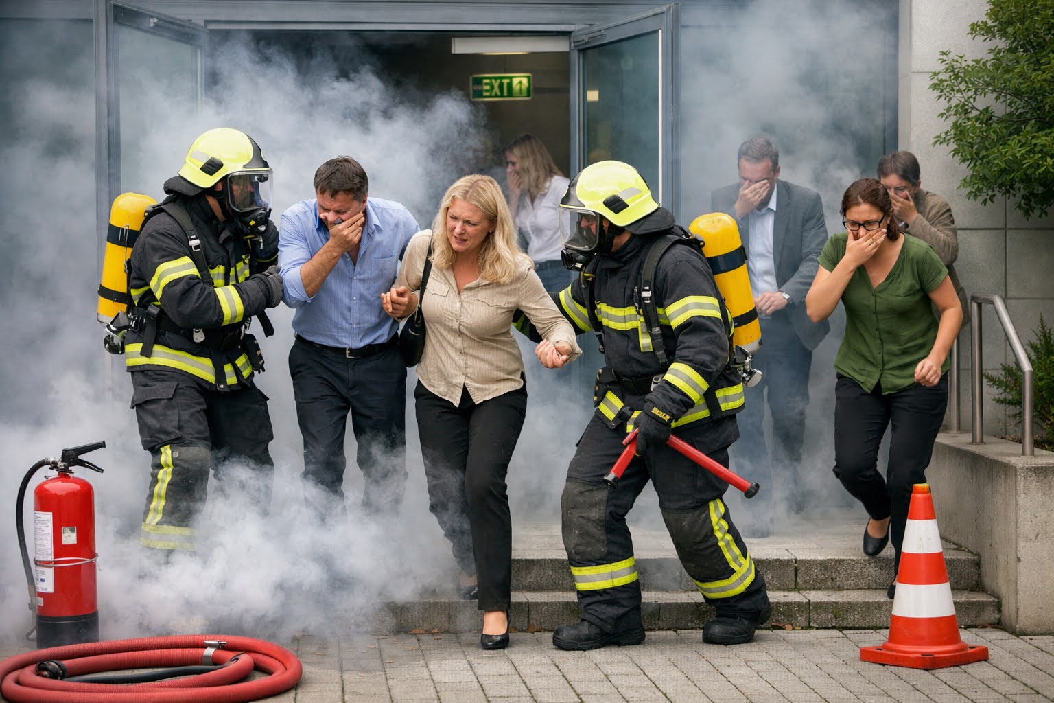 Teilnehmer üben gemeinsam den Einsatz von Feuerlöschern bei einer Brandschutzschulung