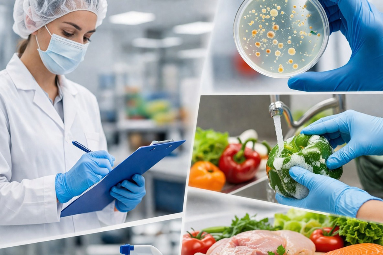 Moderne Hygieneschulung im Lebensmittelbereich: Reinigung, Händehygiene und mikrobiologische Untersuchungen sichern Qualität und Schutz vor Infektionen.