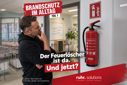 Der Feuerlöscherist da. Jetzt Brandschutzhelfer-Schulung ablegen, bei ruhr. solutions, für den richtigen Umgang und Einsatz.